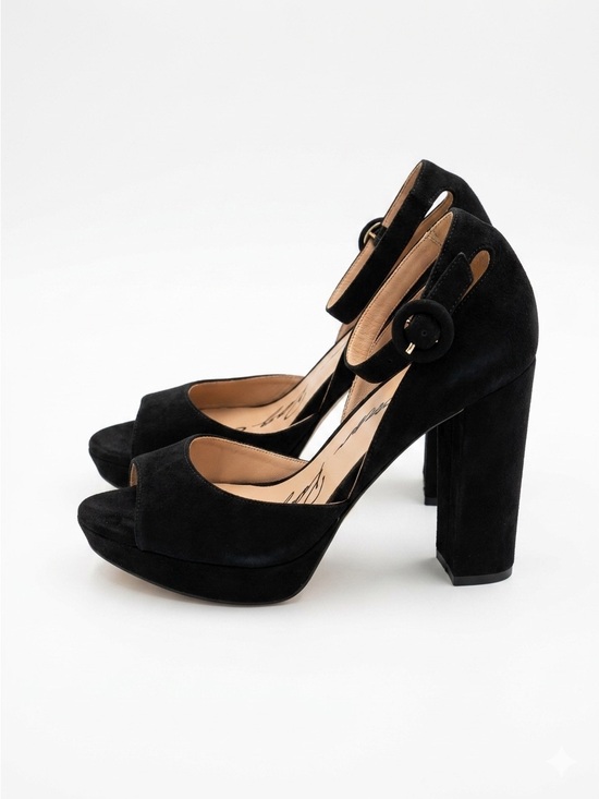 American Eagle Outfitters Shoes - American Eagle Black Suede Platform Peep-Toe Heels with Ankle Buckle 5.5